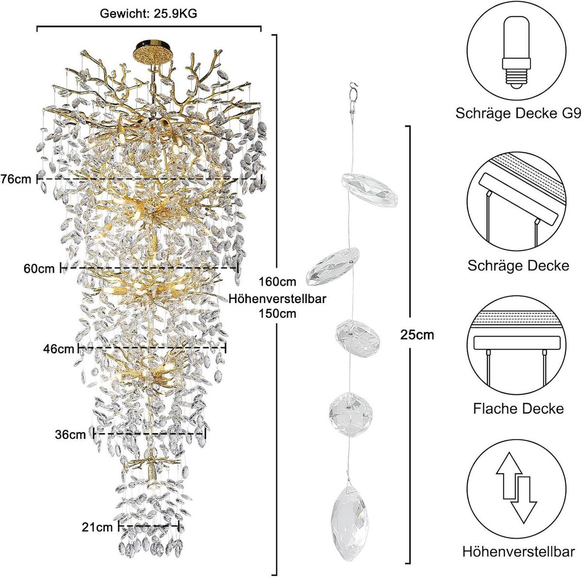 TREPPEN-KRONLEUCHTER 160 cm 5-stufiger K9‑Kristall Baumzweig Gold für Eingangsbereich und Wohnzimmer - Gelb, Naturmaterialien (75/67/41.5cm) - Surtime
