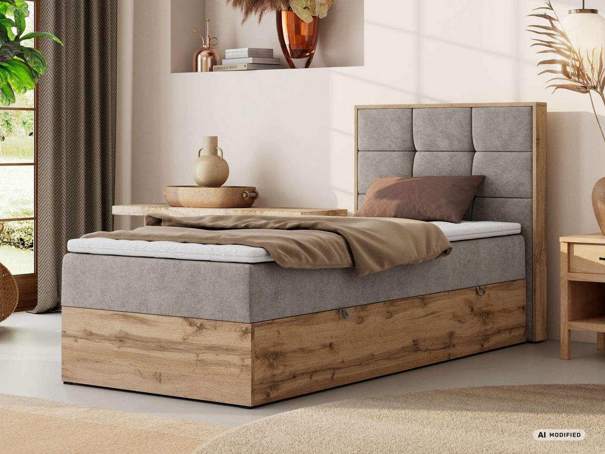 BOXBETT ALBERO 1 90/200 - Greige Stukture - Topper Visco - H4 - Rechts - Greige/Schwarz, Kunststoff/Textil (90/200cm) - MKS