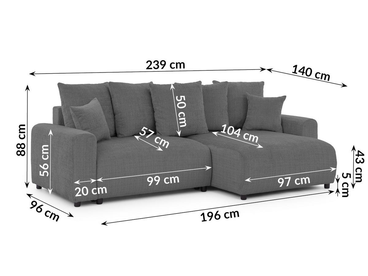 ECKSOFA Calma mit Schlaffunktion und Bettkasten im Bumpy-Design aus weichem Grau Chenille-Stoff - Ottomane rechts - Beige/Schwarz, Holz/Kunststoff (239/140cm) - S-Style Möbel