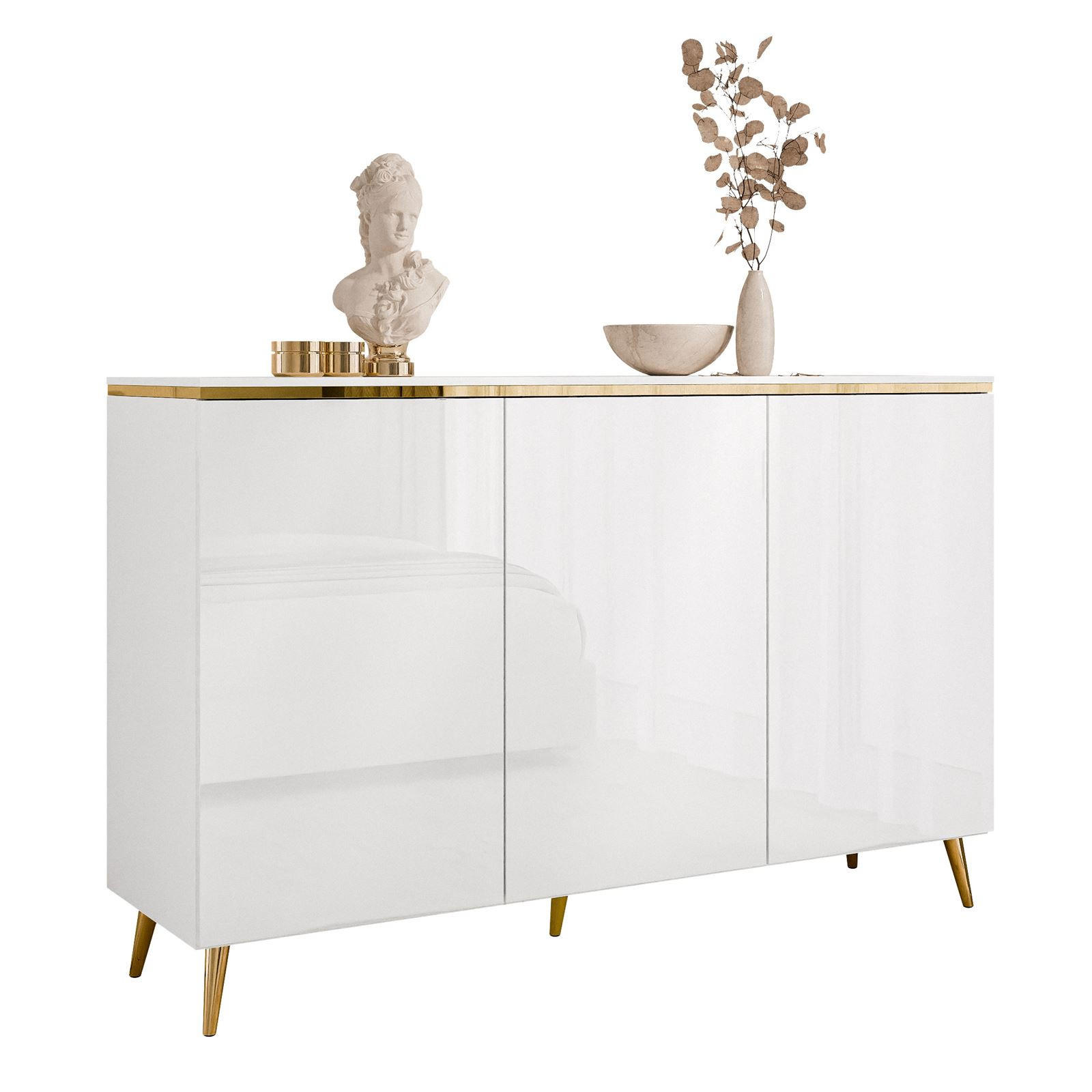 KOMMODE AURORA 3D Weiß / Weiß hochglanz mit schräge Goldchrom Fuße - Weiß Hochglanz/Goldfarben, Holzwerkstoff/Metall (140/90/40cm) - Lookway