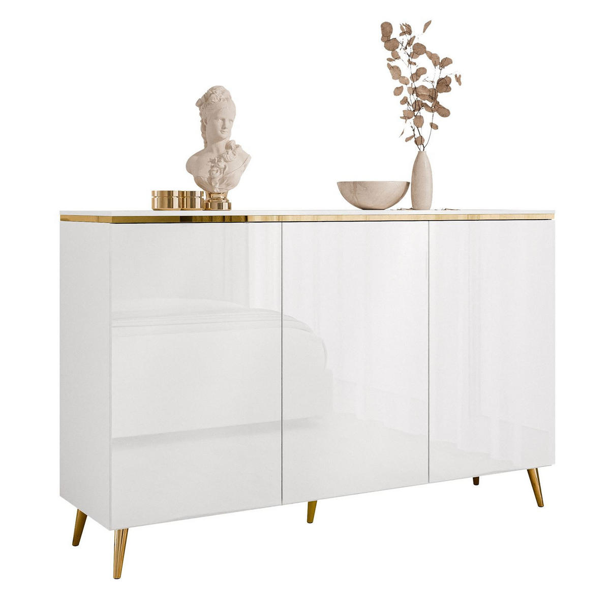 KOMMODE AURORA 3D Weiß / Weiß hochglanz mit schräge Goldchrom Fuße - Weiß Hochglanz/Goldfarben, Holzwerkstoff/Metall (140/90/40cm) - Lookway