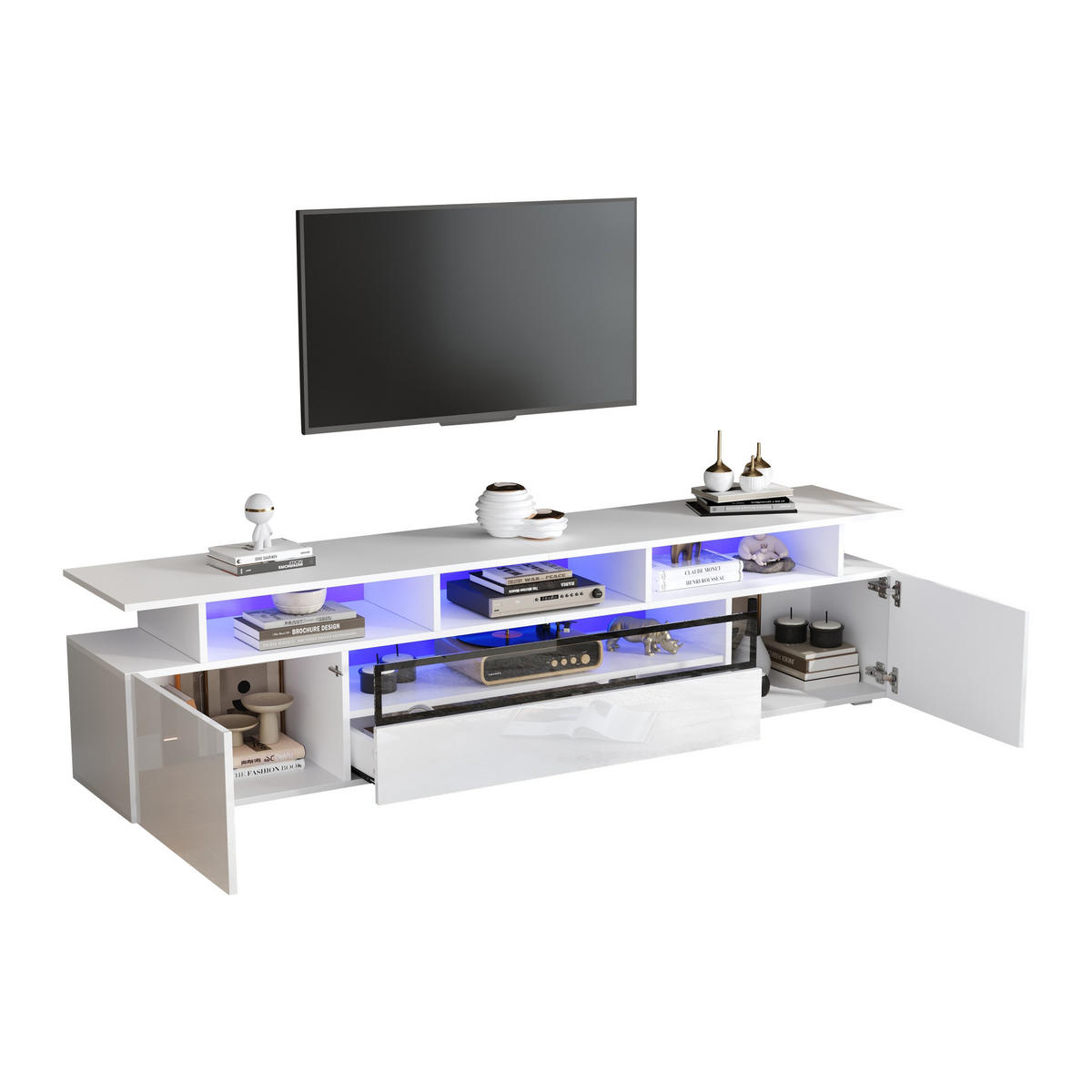 TV-LOWBOARD 180x38x45 cm Hochglanz LED Schrank Schublade - Weiß, Holzwerkstoff (38/45/180cm) - FLIEKS