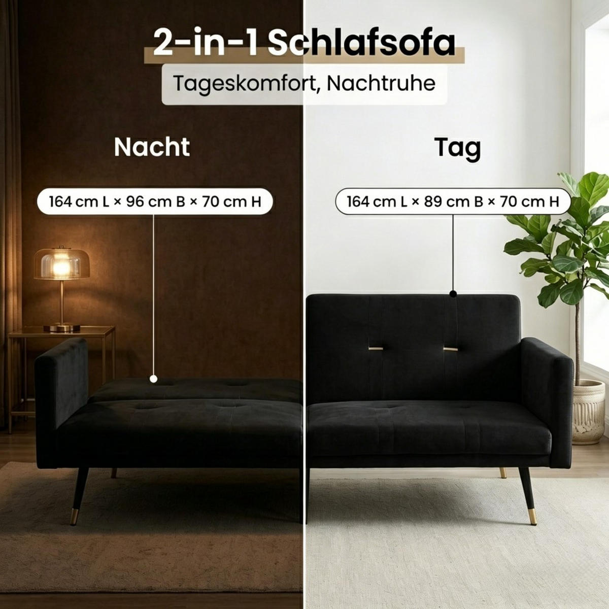SCHLAFSOFA Zweisitzer mit Schlaffunktion,Klappsofa,Samt,Schwarz - Schwarz, Textil (164/70/51cm) - LVHOM