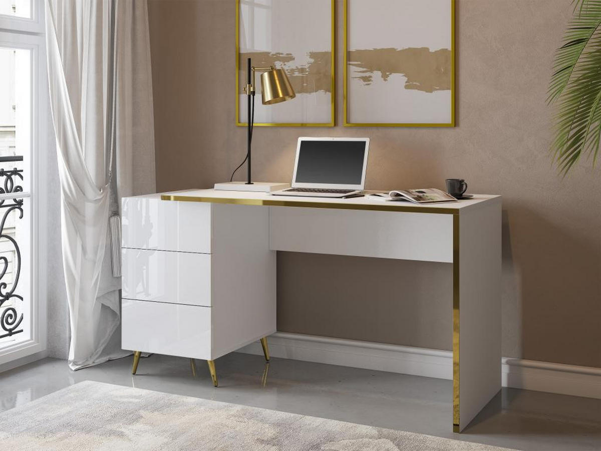 SCHREIBTISCH mit Schubladen - Weiß glänzend & Goldfarben - MARZIALO - Weiß, Holz (142.4/59/75.6cm) - Vente-Unique