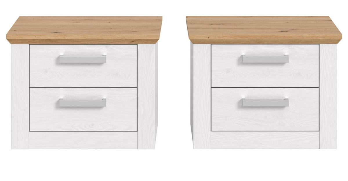 NACHTTISCH 2er Set weiß Lärche, Eiche Artisan Landhaus 56 x 43 cm, 2x Nachtkommode mit Schubkästen - Eichefarben/Silberfarben, Holzwerkstoff/Kunststoff (56/43/39cm) - Inn.Furn