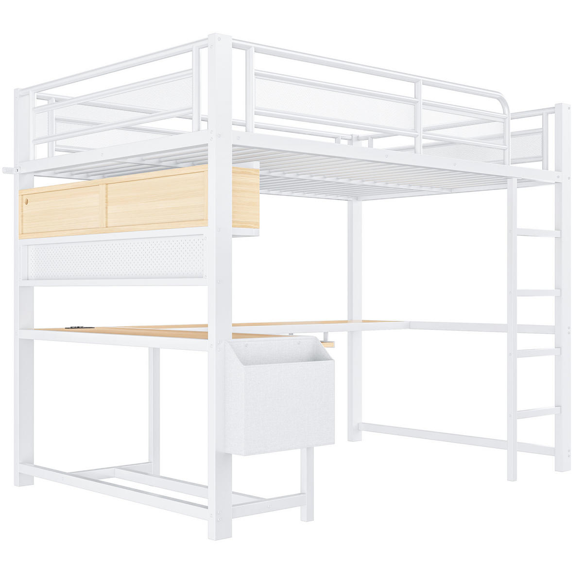 HOCHBETT 140x200 cm in Weiß mit Schreibtisch, LED-Beleuchtung und Ladestation - Weiß, Holzwerkstoff (140/200cm) - IVMEU