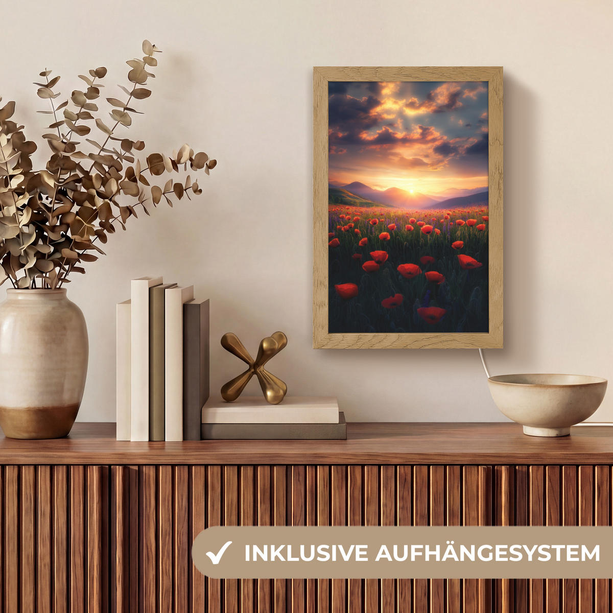 TISCHLEUCHTE Landschaft - Sonnenuntergang - Blumenfeld 20x30 cm - Dunkelblau, Holzwerkstoff (8/20/30cm) - OnlyWow