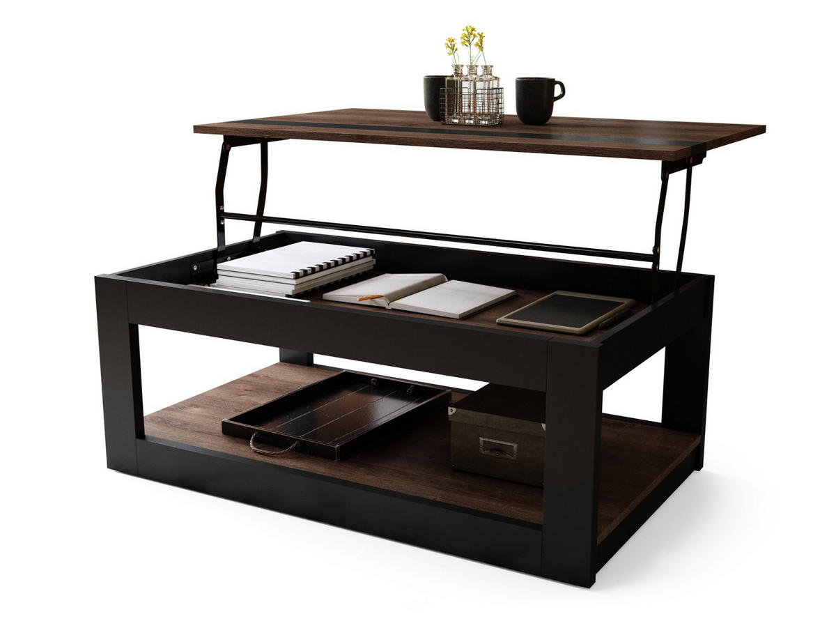 COUCHTISCH rechteckig Eiche dunkel Schwarz matt aufklappbar - Schwarz/Braun, Holzwerkstoff (66/112/45cm) - designimpex
