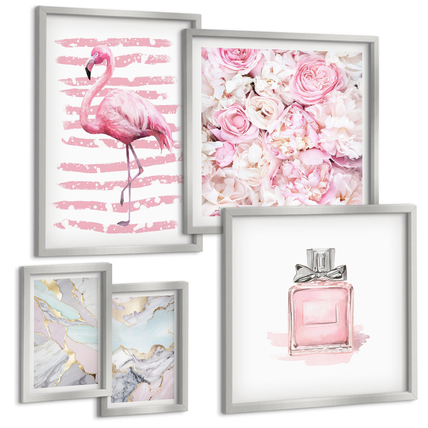 BILDER SET 5er Set - 50x50 cm & 20x30 cm & 40x60 cm Silberner Rahmen - Rosa Blumen Marmor Pastell - Silberfarben, Kunststoff (40/60cm) - TULUP