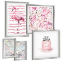 BILDER SET 5er Set - 50x50 cm & 20x30 cm & 40x60 cm Silberner Rahmen - Rosa Blumen Marmor Pastell - Silberfarben, Kunststoff (40/60cm) - TULUP
