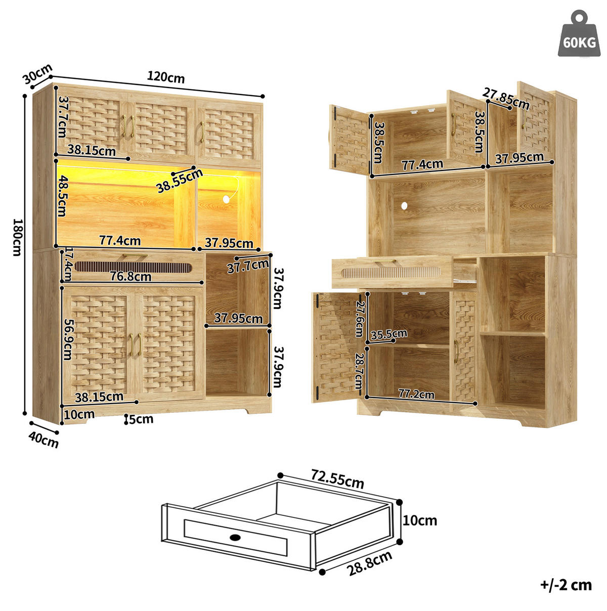 ANRICHTE Hochschrank 120/40/180 cm aus MDF Glas und Metall mit LED-Beleuchtung Natur - Naturfarben, Holzwerkstoff (120/180/40cm) - Modenvie