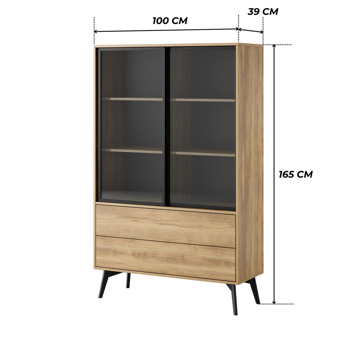 VITRINE MOTTI WSZ100 100 cm (Barock Eiche, Glastüren, Push to Open, Schwarze Details) - Eichefarben/Schwarz, Glas/Holz (100/165/39cm) - Ravio