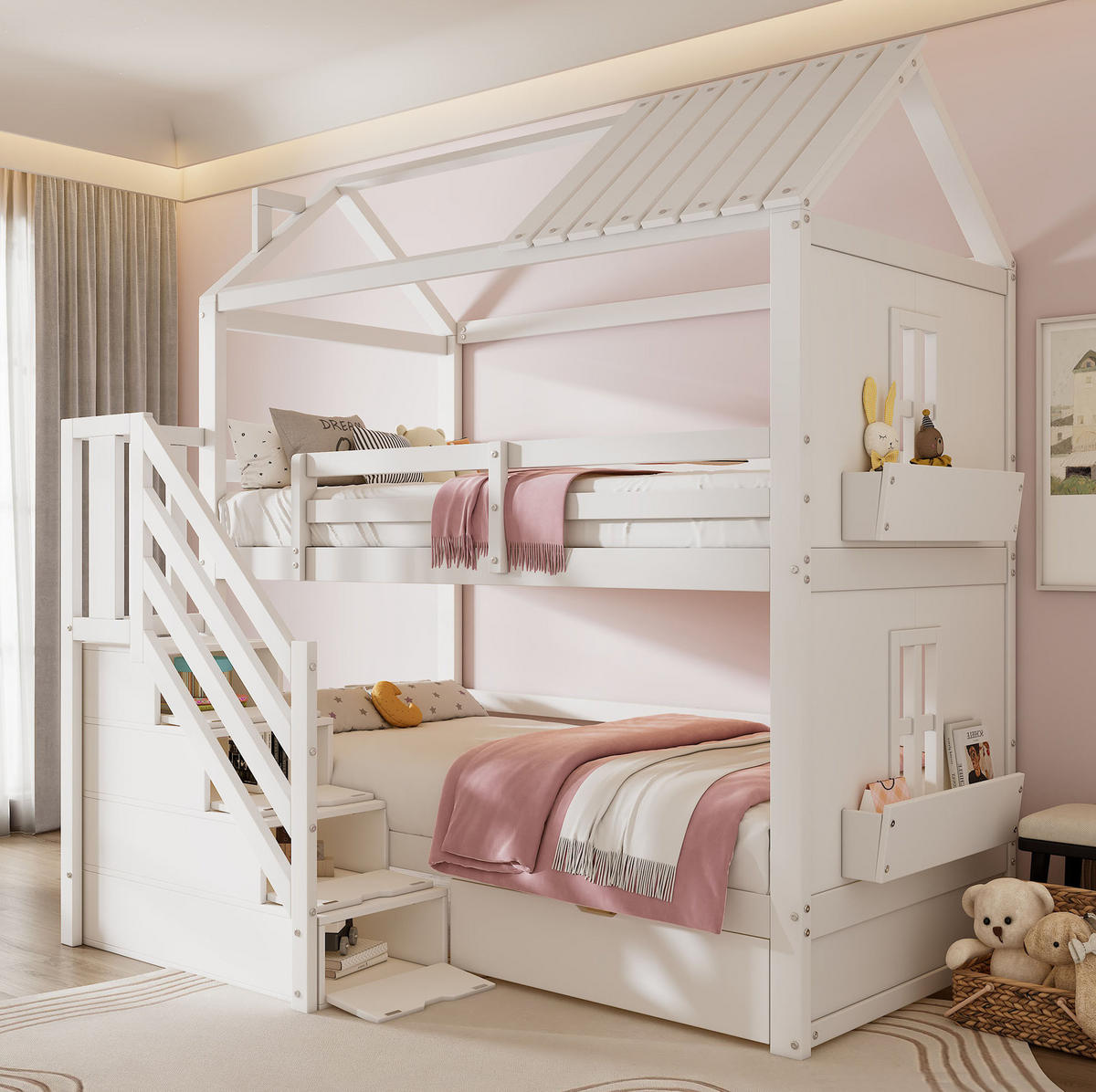 ETAGENBETT 90/200 cm mit Stauraumtreppe, Schubladen und Regalen, aus Kiefer/MDF, Weiß - Weiß, Holz (90/200cm) - Redom