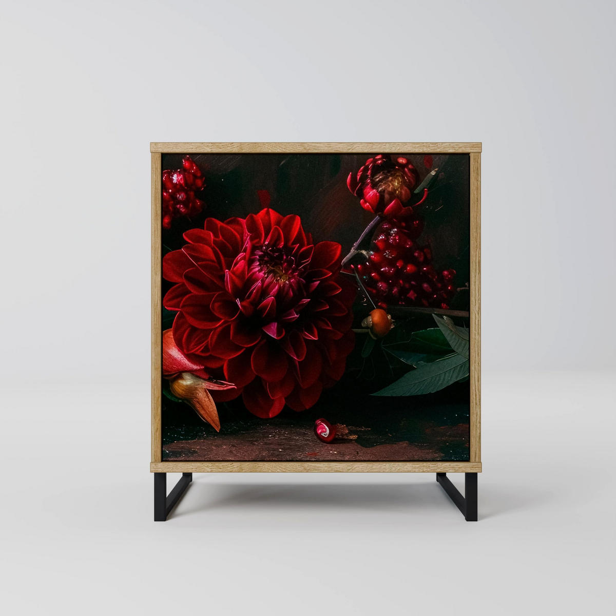 SIDEBOARD DAHLIAS AND POMEGRANATES, Eichefarben, 57,5x42x67,5 cm, Schwarze Metall-Rahmenfüße - Eichefarben/Multicolor, Holzwerkstoff/Metall (57.5/67.5/42cm) - SpaceRebels