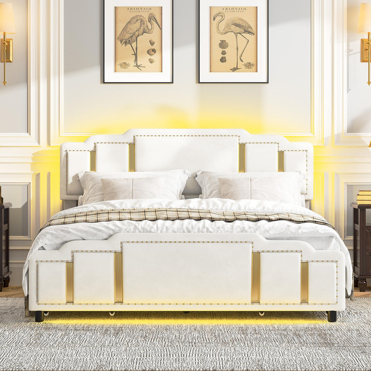 POLSTERBETT 140/200 cm Beige mit 2 Schubladen und LED-Ambientebeleuchtung - Beige, Textil (140/200cm) - Oxeza