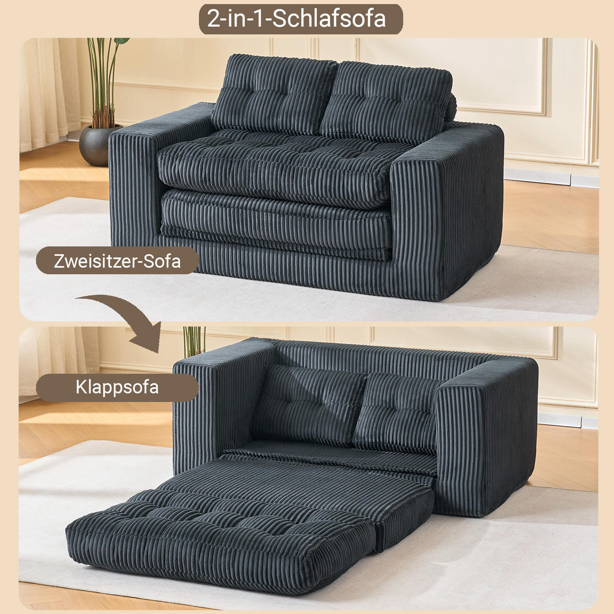 SCHLAFSOFA DE-35274 2-in-1 Schwarz - Schwarz, Textil (85/54/140cm) - ComfortXL