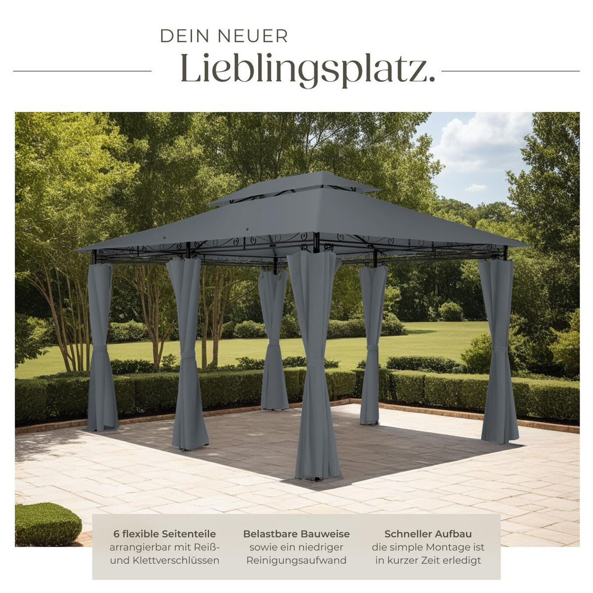 GARTENPAVILLON Emine,inklusive Spannseilen und Heringen,anthrazit - Anthrazit, Kunststoff (300/265/400cm) - tectake