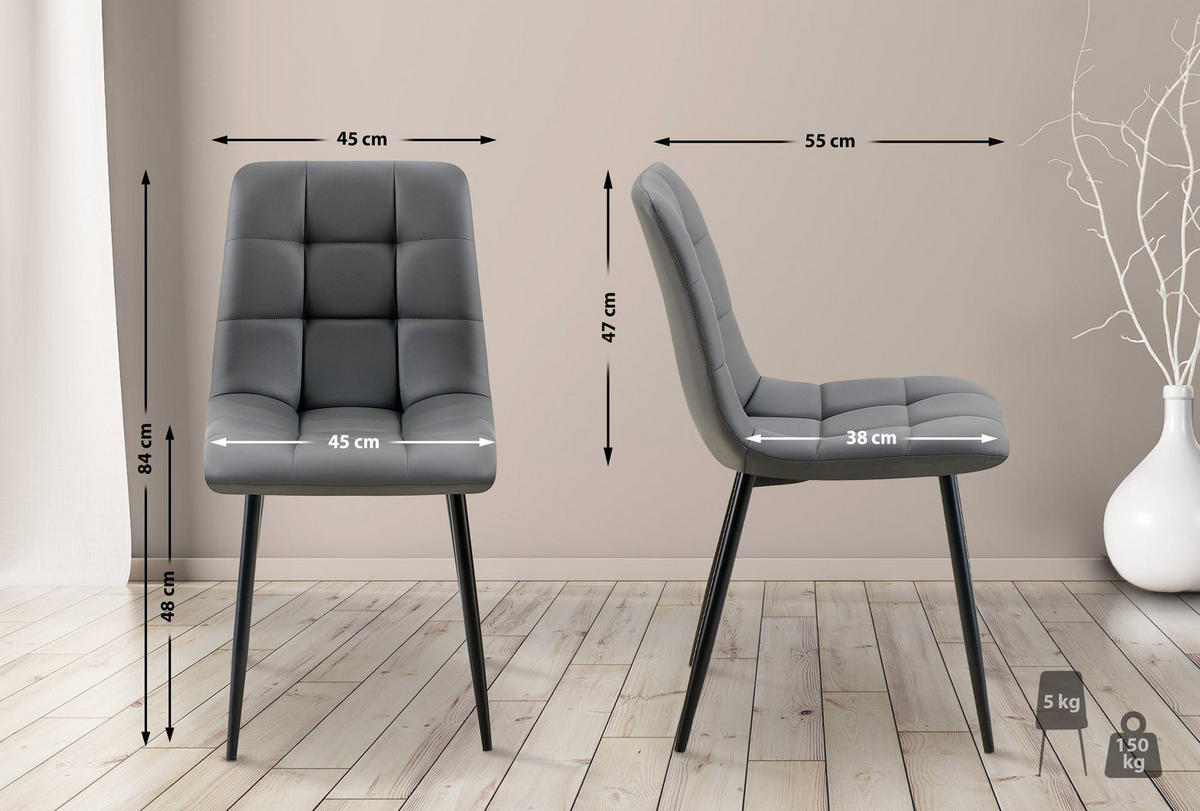 STUHL 4er Set Lederlook dunkelgrau - Dunkelgrau/Schwarz, Textil/Metall (45/84/55cm) - CLP