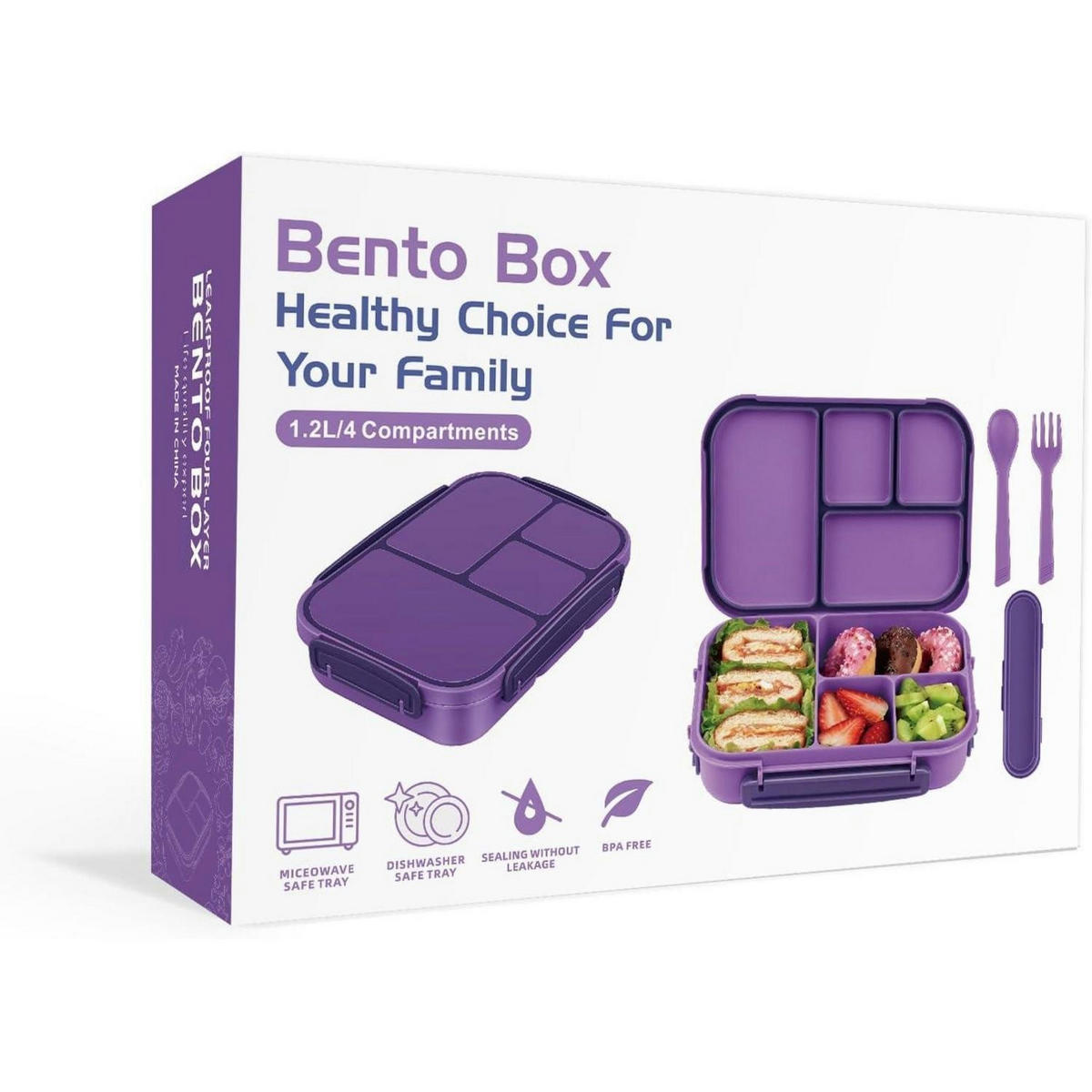 BENTO Box Kinder 1200ml 4 Fächer Lila mit Besteck - Lila, Kunststoff (16/5.8/22.5cm)