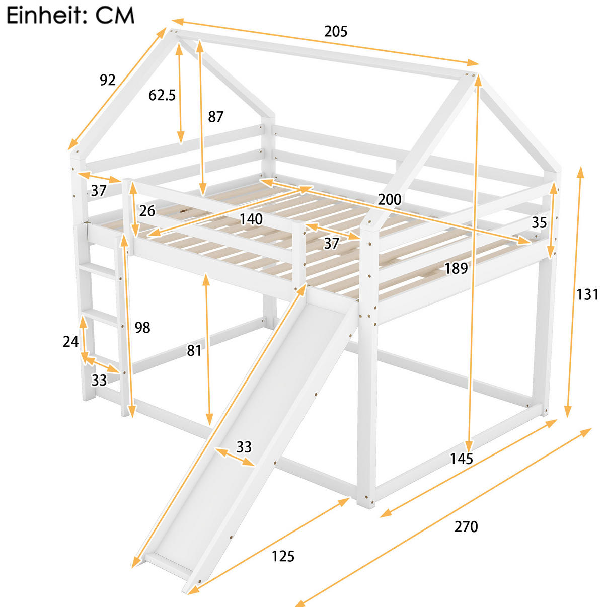HAUS-ETAGENBETT 140x200 cm in Weiß mit Rutsche und Leiter - Weiß, Holzwerkstoff (140/200cm) - IVMEU