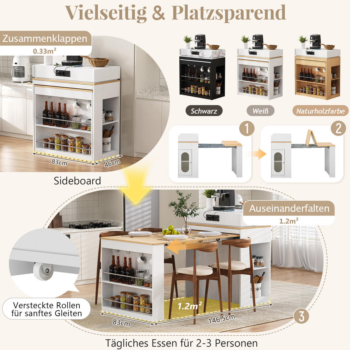 KÜCHENINSEL 83/46-146,5/96 cm weiß aus MDF mit ausziehbarer Klapptischplatte - Weiß, Holzwerkstoff (83/96/46cm) - OKWISH
