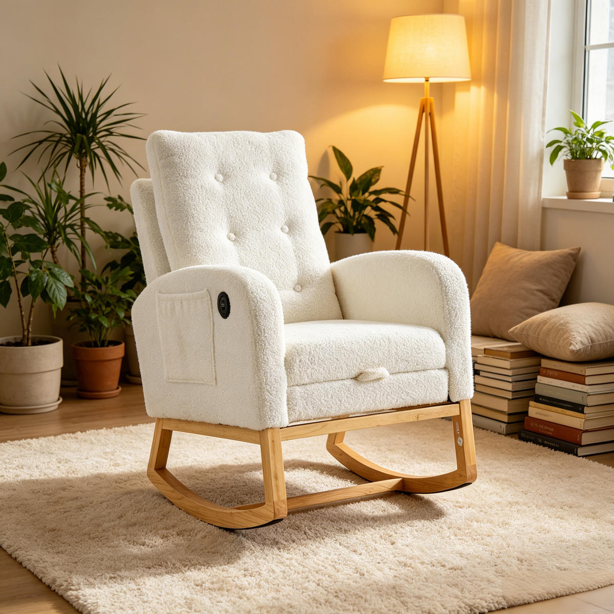 SCHAUKELSTUHL USB Teddy Fleece Fußstütze Weiß Sessel - Weiß, Holz (66.5/102/121.5cm) - FLIEKS