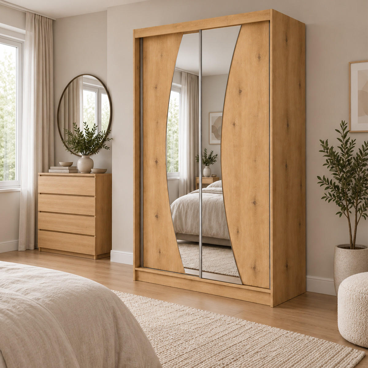 KLEIDERSCHRANK Nox 120 cm Artisan Spiegel 2 Schubladen Griffe silber - Eiche Artisan, Holzwerkstoff (120/216/61cm) - KS Home Concept