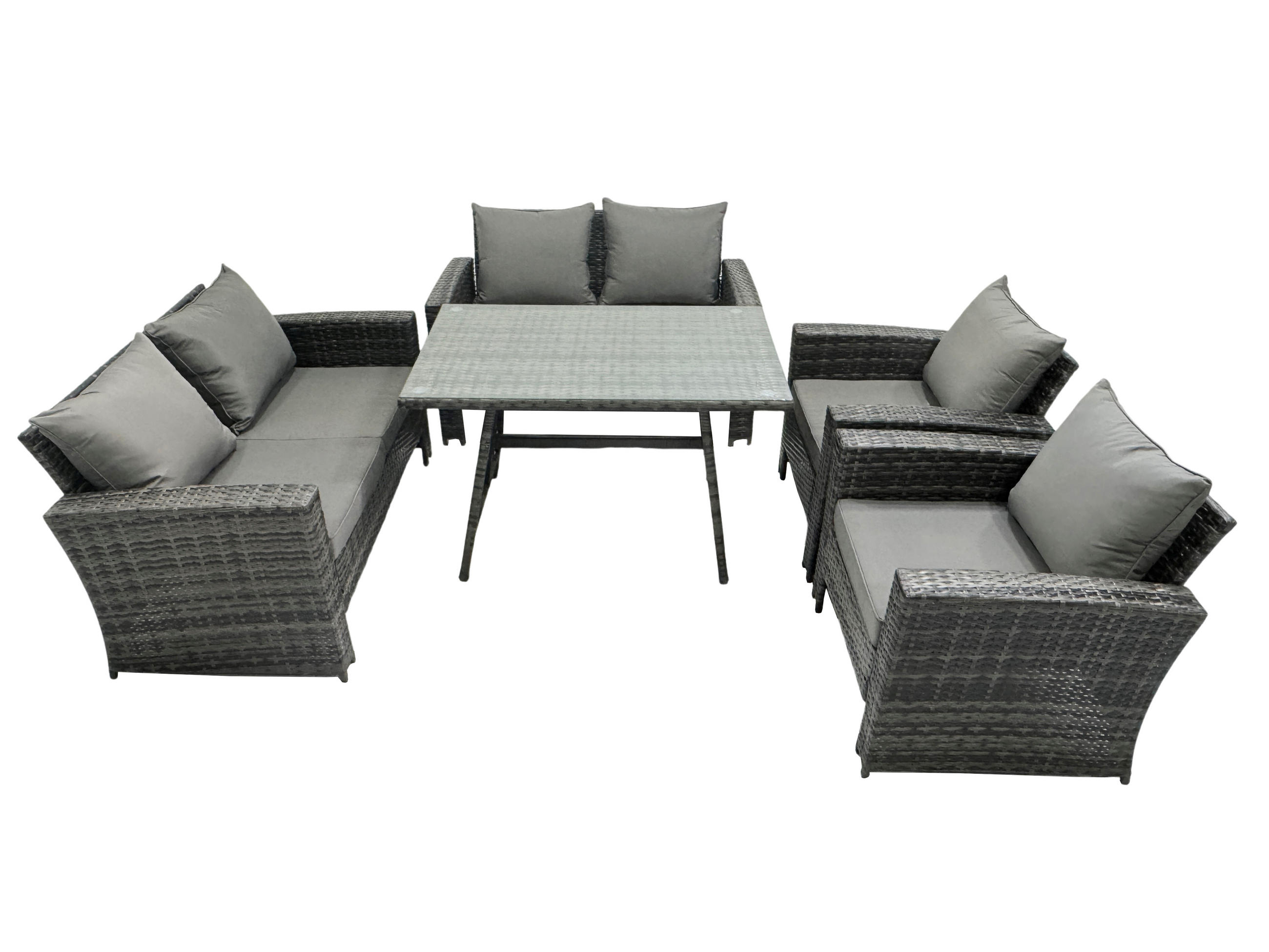 GARTENTISCHGRUPPE Polyrattan 6-Sitzer Grau - Dunkelgrau/Grau, Glas/Kunststoff - Fimous