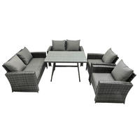 GARTENTISCHGRUPPE Polyrattan 6-Sitzer Grau - Dunkelgrau/Grau, Glas/Kunststoff - Fimous