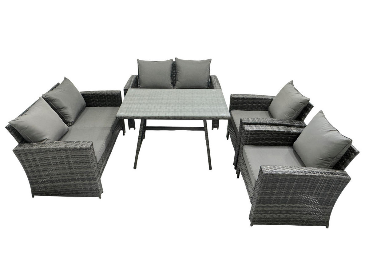 GARTENTISCHGRUPPE Polyrattan 6-Sitzer Grau - Dunkelgrau/Grau, Glas/Kunststoff - Fimous