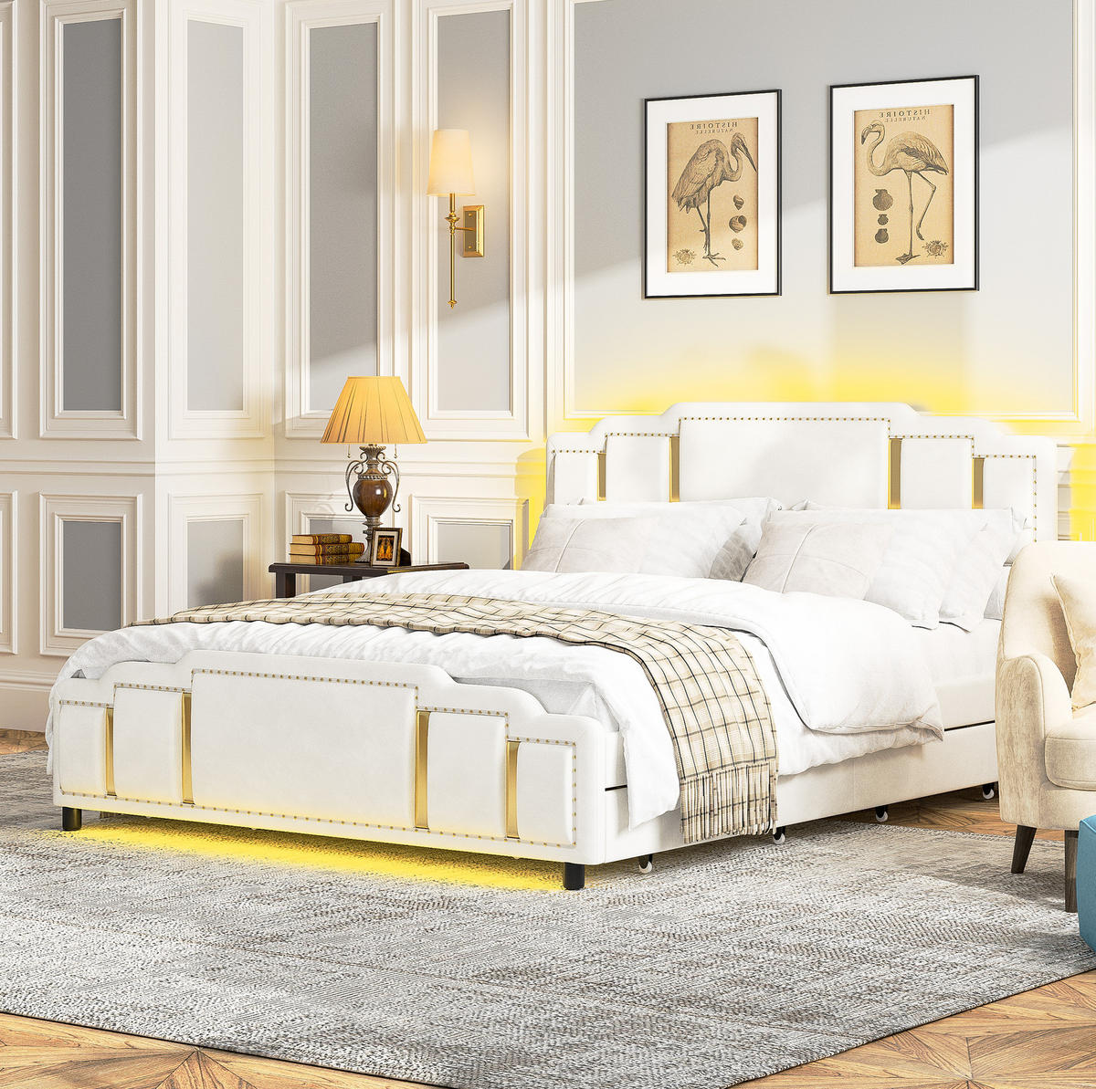 POLSTERBETT mit LED und 4 Schubladen 140x200 cm Samt Beige - Beige, Metall (140/200cm) - Meubliv