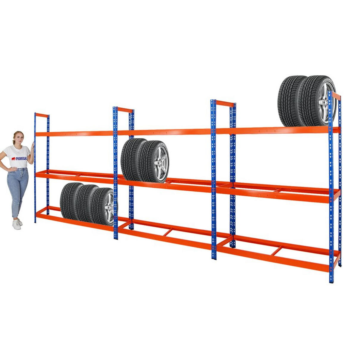 REIFENREGAL Tiger XL 3er-Set mit 3x 200x150x45 cm 300 kg Fachlast bis zu 54 Reifen Blau-Orange - Orange, Metall (450/200/45cm) - PROREGAL