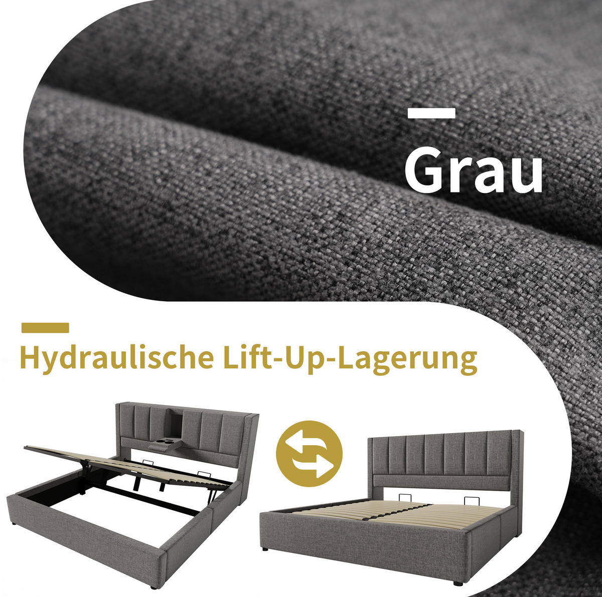 POLSTERBETT 140/200 cm mit Ladestation, verstecktem Becherhalter und hydraulischem Bettkasten und Matratze, Grau - Grau, Textil (140/200cm) - Redom