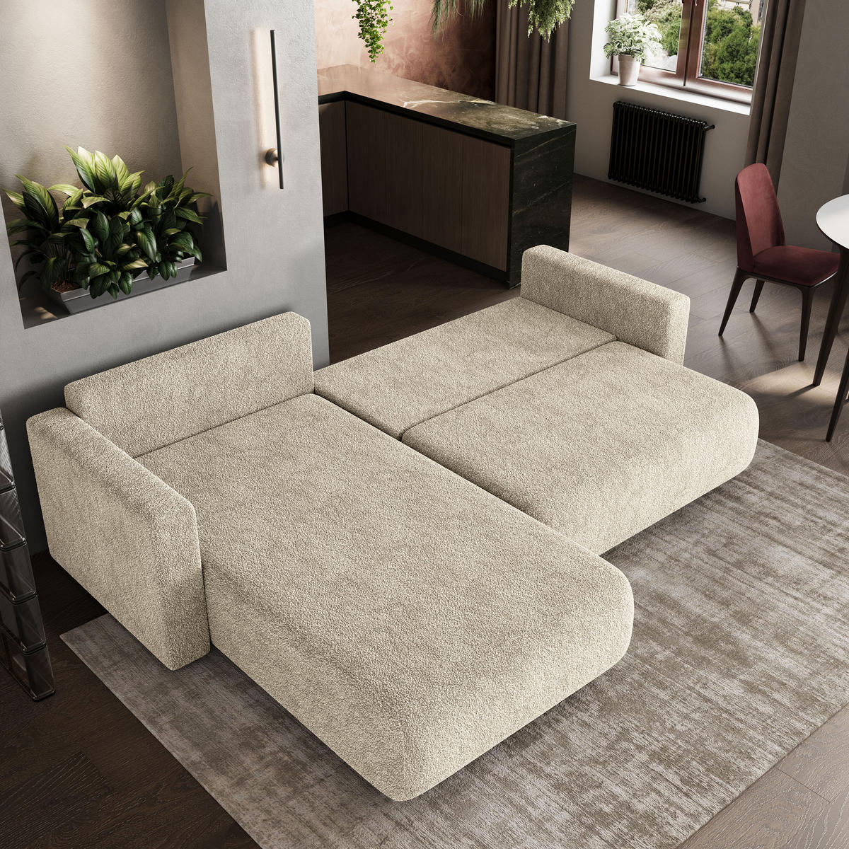 ROHOVÁ SEDAČKA TURIN krémová - šedá/krémová, dřevo/textil (265/183cm) - MASSENO