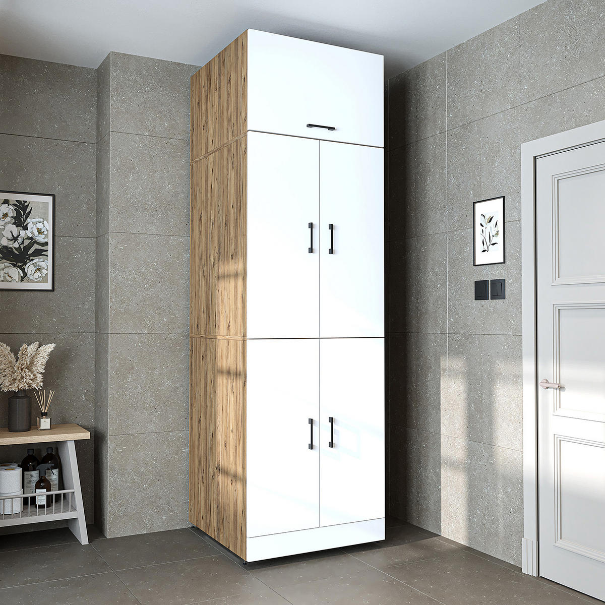WASCHMASCHINENSCHRANK DORA-II 70cm Breit, 230cm Hoch - Eiche Bianco, Holzwerkstoff (70/230/74cm)