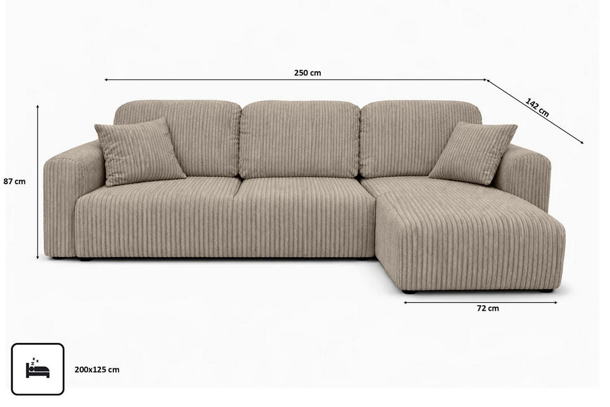 ECKSOFA Mit Schlaffunktion Und Bettkasten, Sofa L-Form Bingo L, Cordstoff Poso, Dunkelbeige, Rechts - Beige, Holz (250/142cm) - Kaiser Möbel