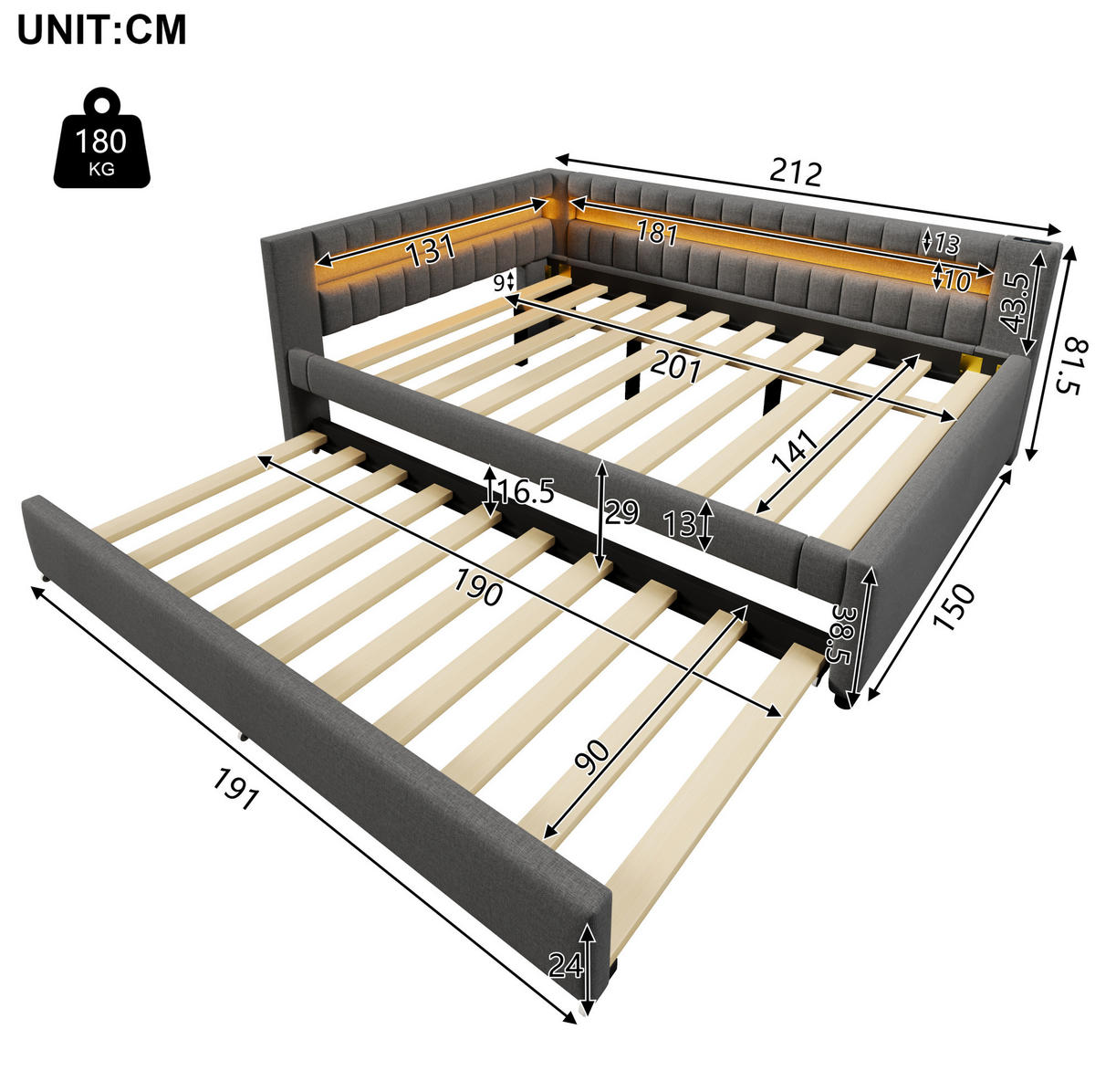 DNEVNA postelja iz lanu in MDF 140x200 cm siva z LED osvetlitvijo, USB in Type-C priključkom ter izvlečnim ležiščem - siva, tekstil (140/200cm) - Modfu