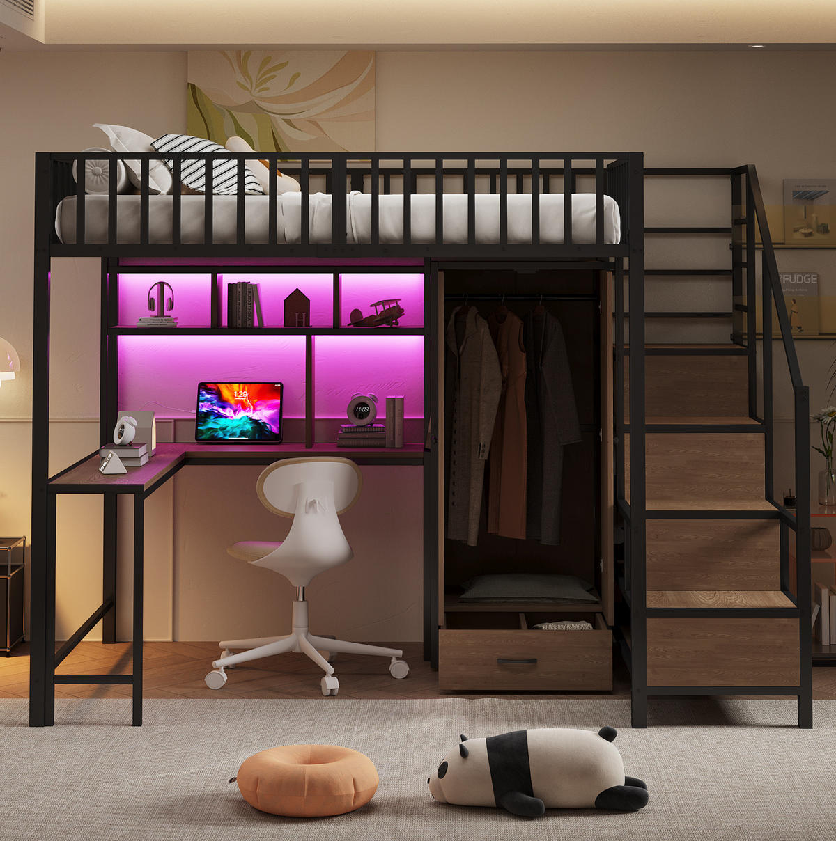 HOCHBETT 140/200 cm in Schwarz mit Schreibtisch, Kleiderschrank und LED-Beleuchtung - Schwarz, Metall (140/200cm) - Flora Grace