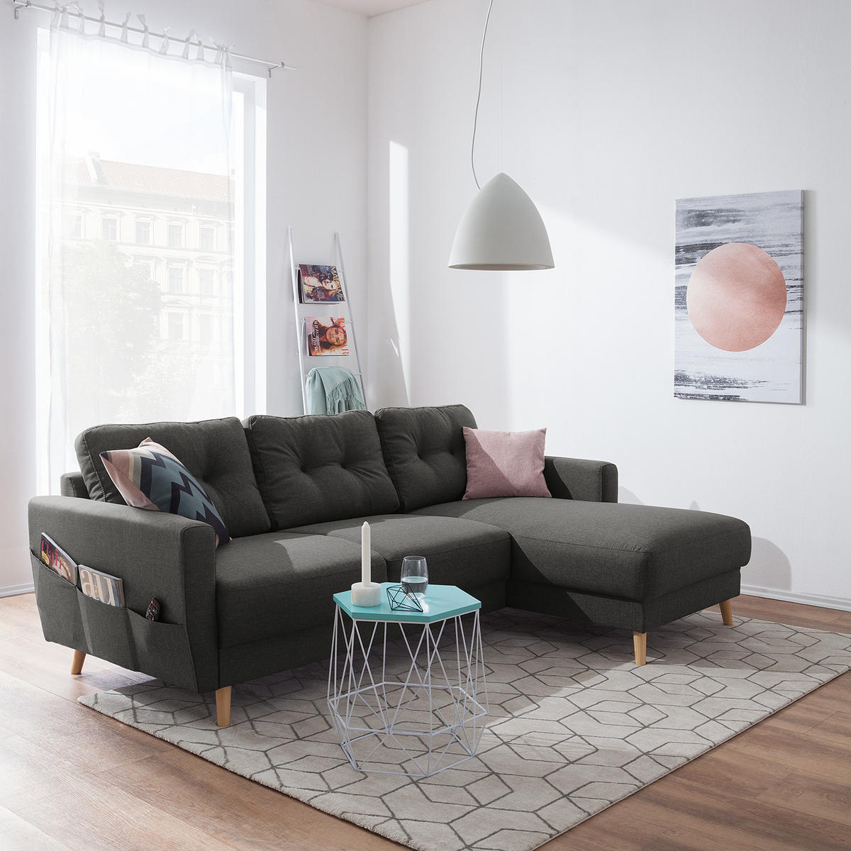 ECKSOFA mit Longchair - Hellbraun/Dunkelgrau, Holz/Textil (233/148cm) - home24