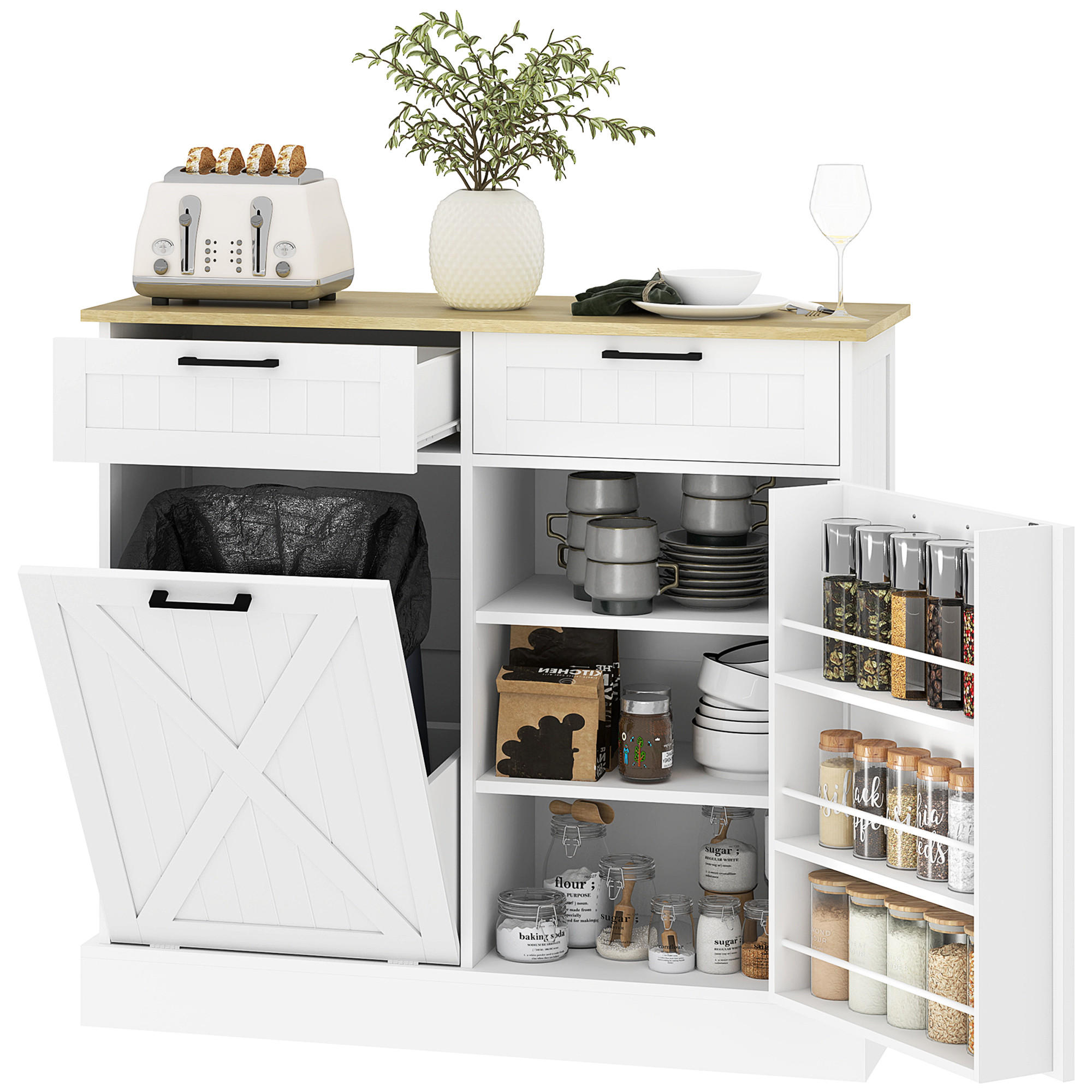 SIDEBOARD DE-11297 Integrierter 38L Mülleimer & Gewürzregal Weiß - Weiß, Holzwerkstoff (36/90/100cm) - ComfortXL