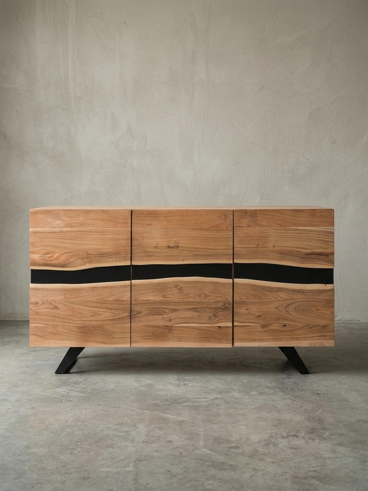 SIDEBOARD – Akazie Massivholz, 148x85x43 cm, Baumkante, Landhausstil, breit - Schwarz/Braun, Akazienholz/Holz (148/85/43cm) - KADIMA DESIGN