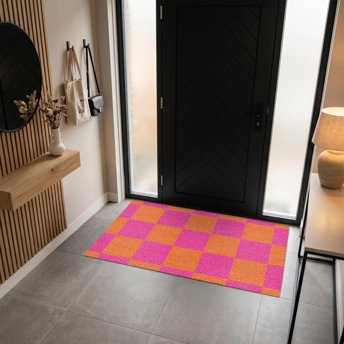 FUSSMATTE Schachbrettmuster - Orange - Rosa - Blöcke Schmutzfangmatte 150x90 cm - Pink, Kunststoff (150/90cm) - MuchoWow