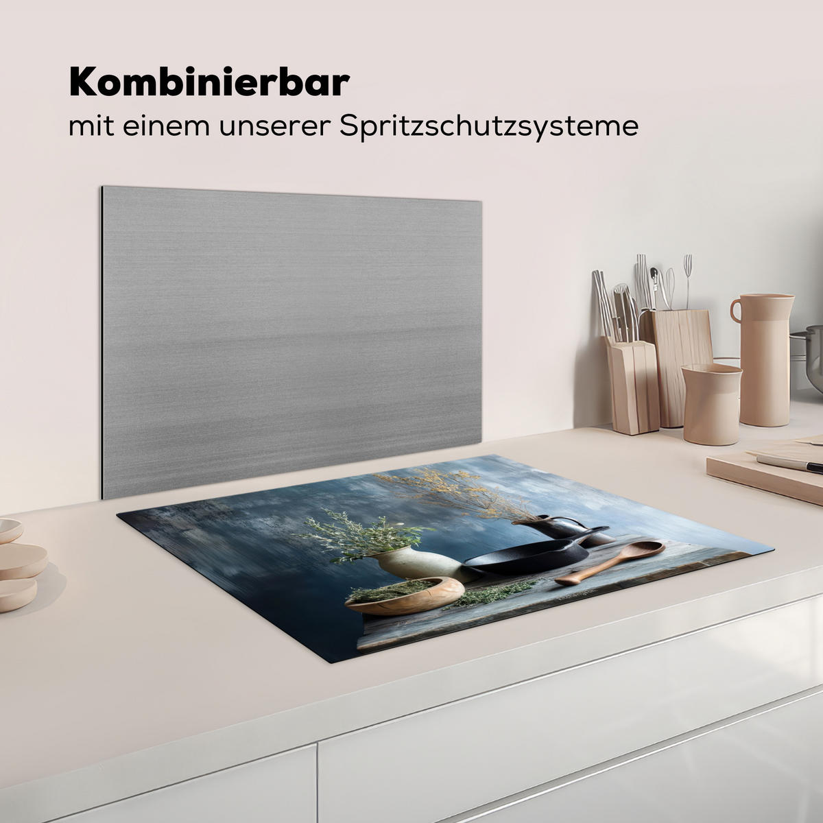 HERDABDECKPLATTE Stilleben - Kräuter - Rustikal Induktionsmatte 71x52 cm - Blaugrau, Kunststoff (71/52/0.2cm) - MuchoWow