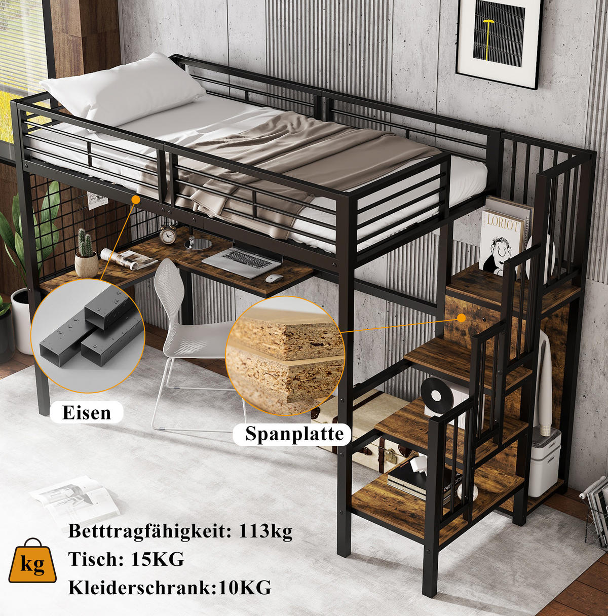 HOCHBETT 90/200 cm, Schwarz mit Kleiderschrank und seitlichen Holztreppen - Schwarz, Metall (90/200cm) - MIVRAY