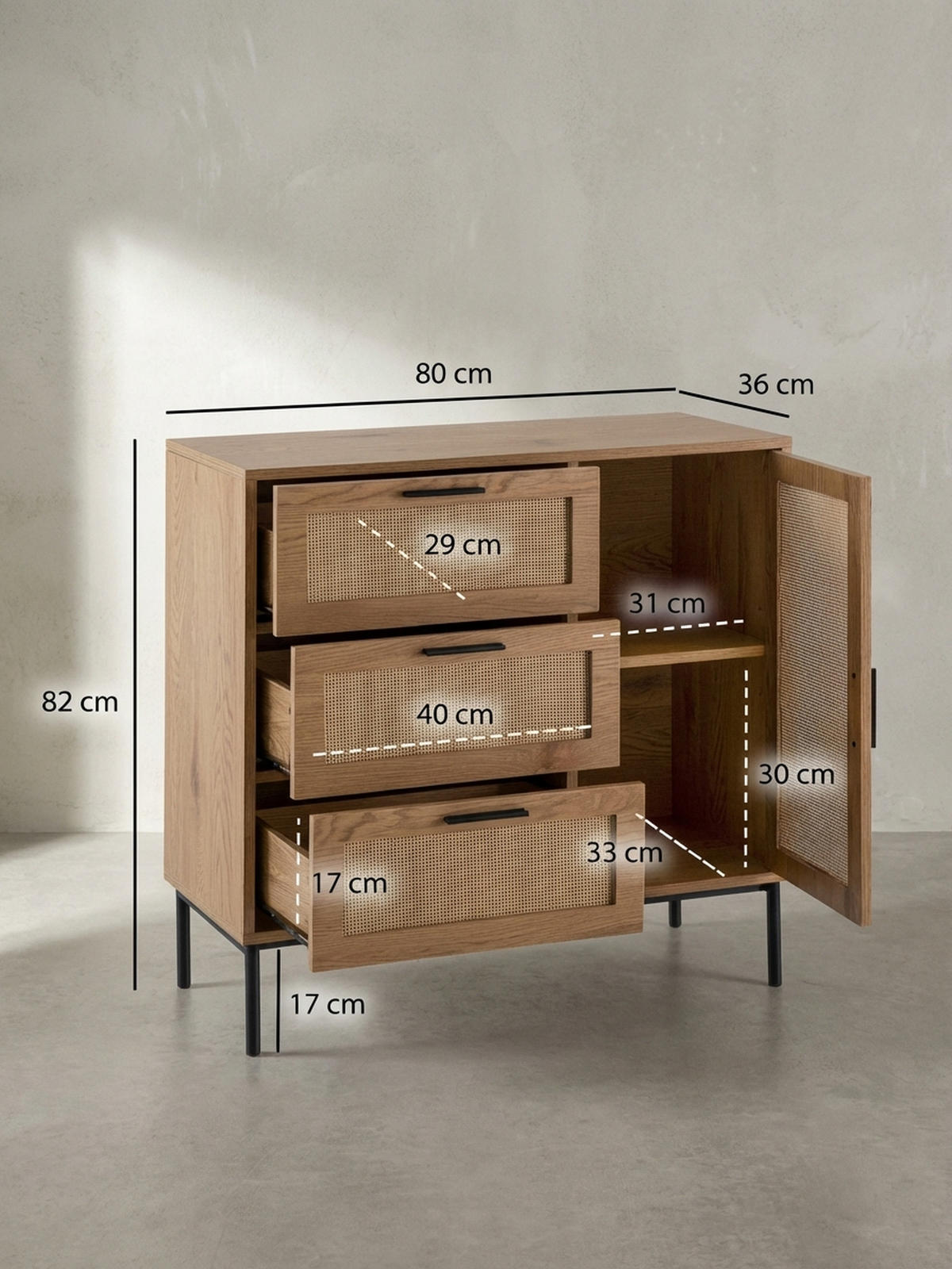 KOMMODE – Eiche-Dekor/Rattan, 80x82x36 cm, 3 Schubladen, 1 Tür, modern - Schwarz/Braun, Holzwerkstoff/Metall (80/82/36cm) - KADIMA DESIGN