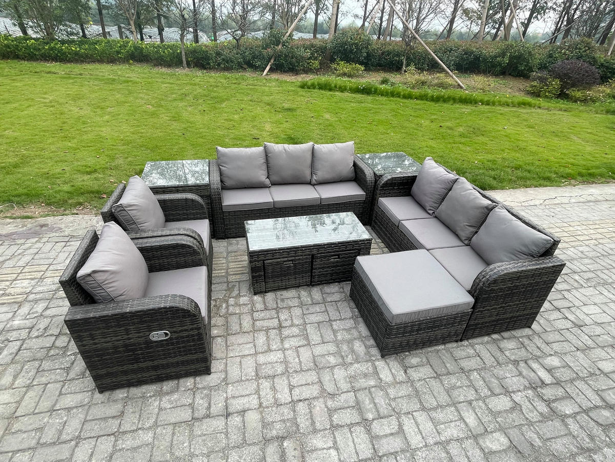 GARTENSOFA SET mit rechteckigem COUCHTISCH Polyrattan 9-Sitzer Dunkelgrau - Dunkelgrau/Grau, Glas/Kunststoff - Fimous