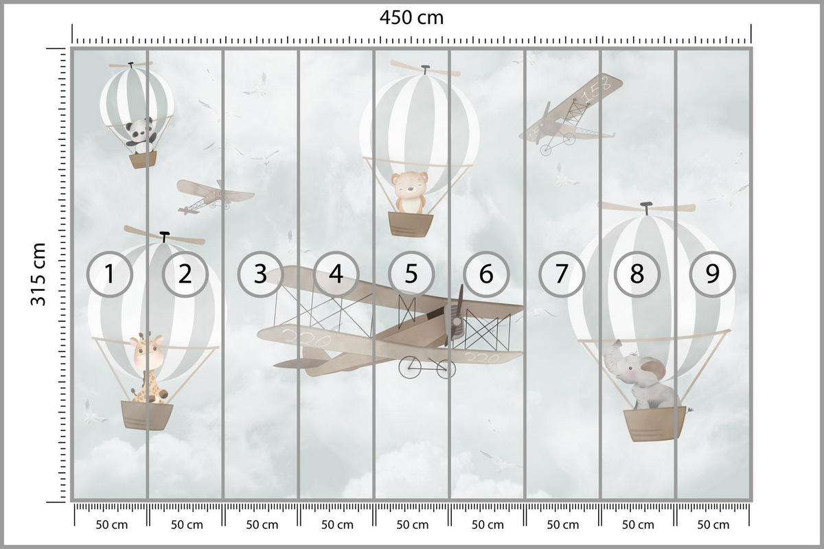 FOTOTAPETA Pre Detskú Izbu Balóny Zvieratá Oblaky Lietadlá Fantázia Retro 450 x 315 cm - hnedá/sivá, papier (450/315cm) - Muralo