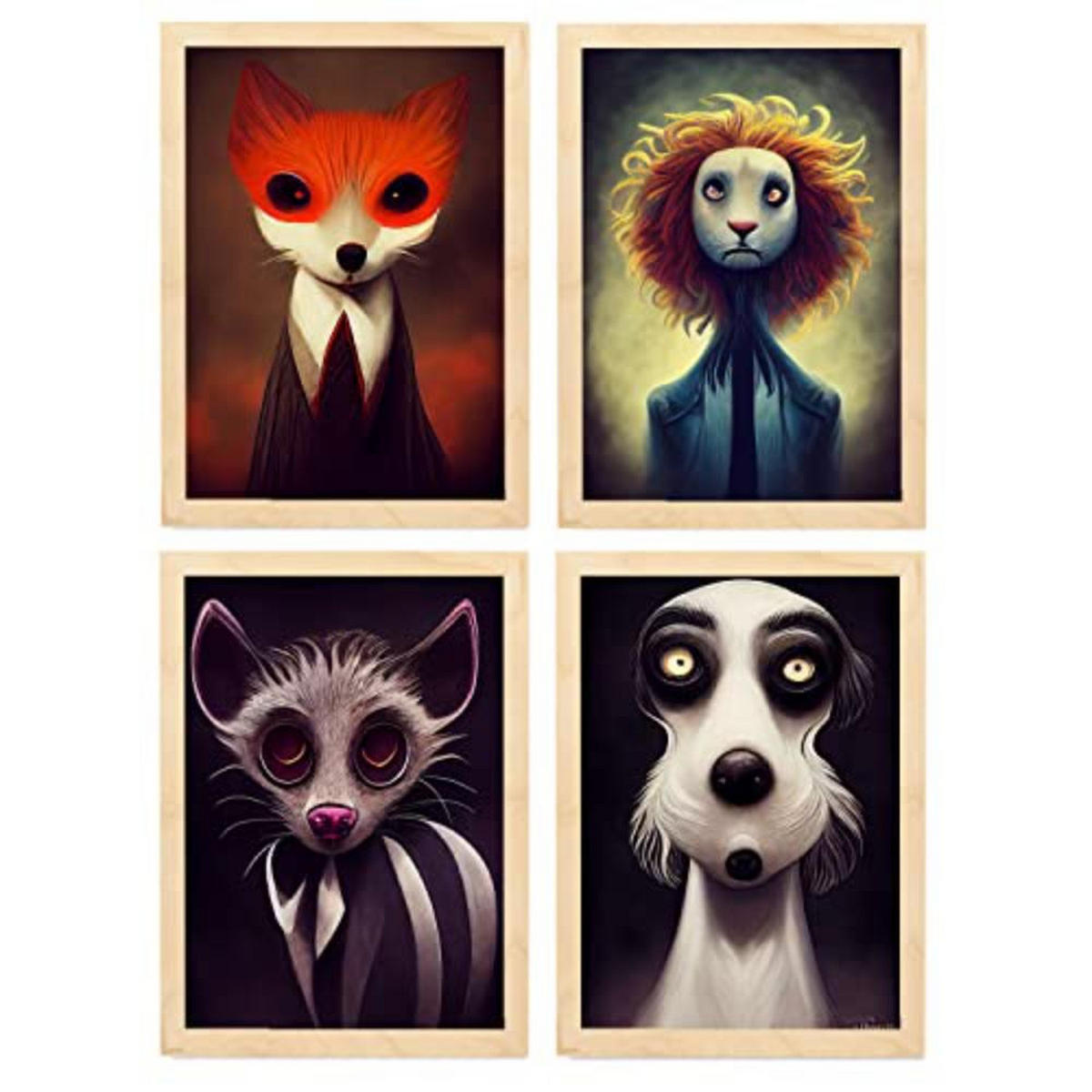 POSTER Set mit 4 Starren Poster im T Burton Goth Stil Tier A3 Rahmen aus hellem Holz - Beige, Papier (29.7/3cm) - Nacnic