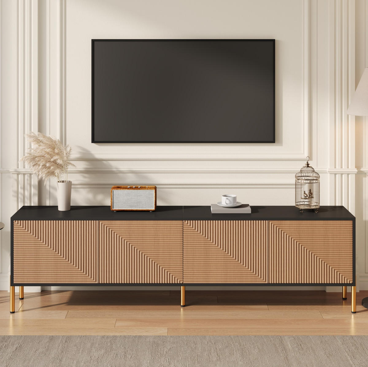 TV-SCHRANK aus Holzwerkstoff 179x35x53,5 cm Schwarz/Natur mit 4 Türen und strukturiertem Frontdesign - Hellbraun, Holzwerkstoff (179/53.5/35cm) - Modfu