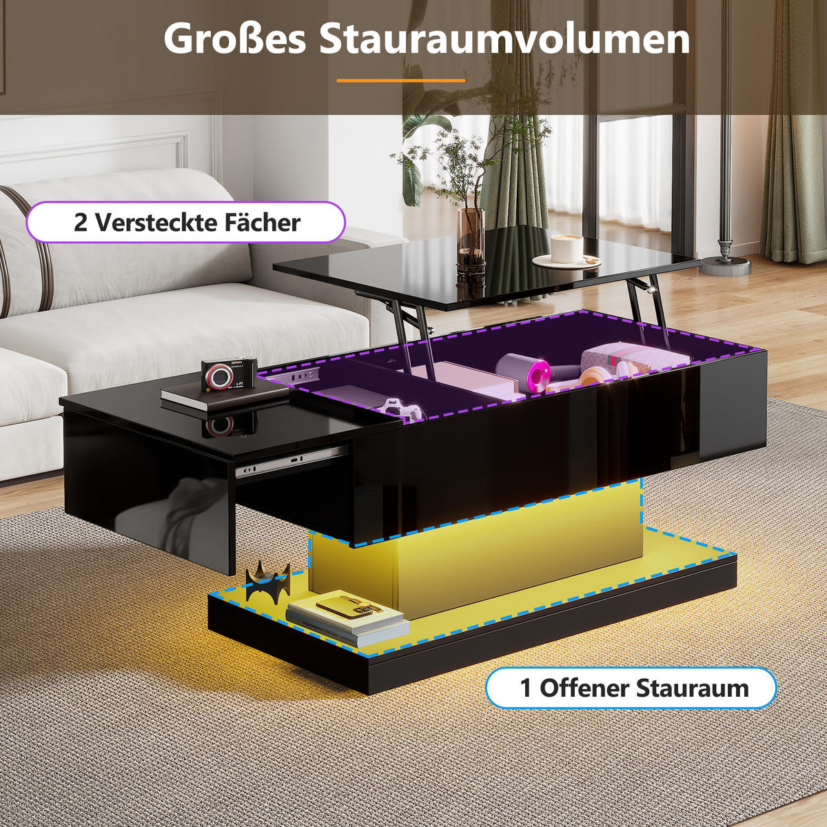 COUCHTISCH Hochglanz Schwarz mit LED Liftfunktion & Stauraum 100×50 cm - Schwarz, Holzwerkstoff (50/100/45cm) - Urban Meuble